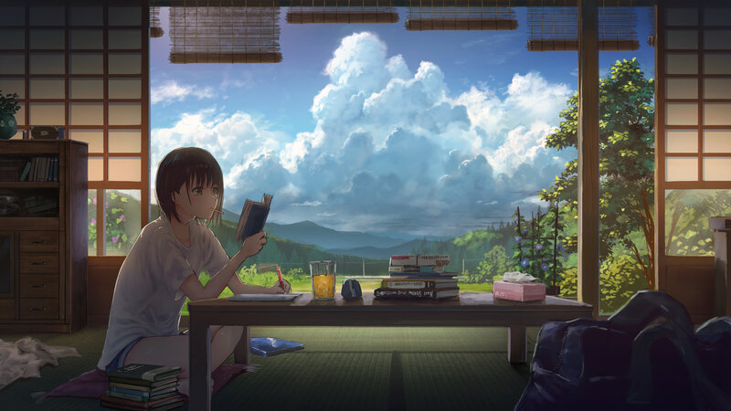 Anime Girl Reading Book — Blue, Serene, Afternoon, Digital Art, Table