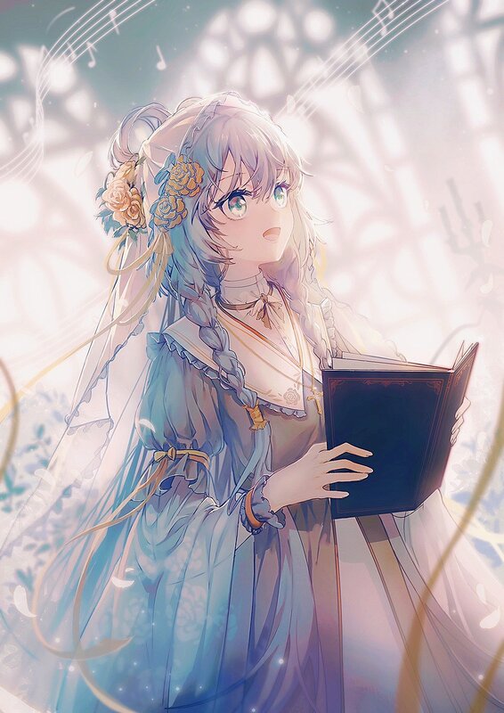 Anime Girl Reading Book — Blue, Serene, Digital Art, Flowers