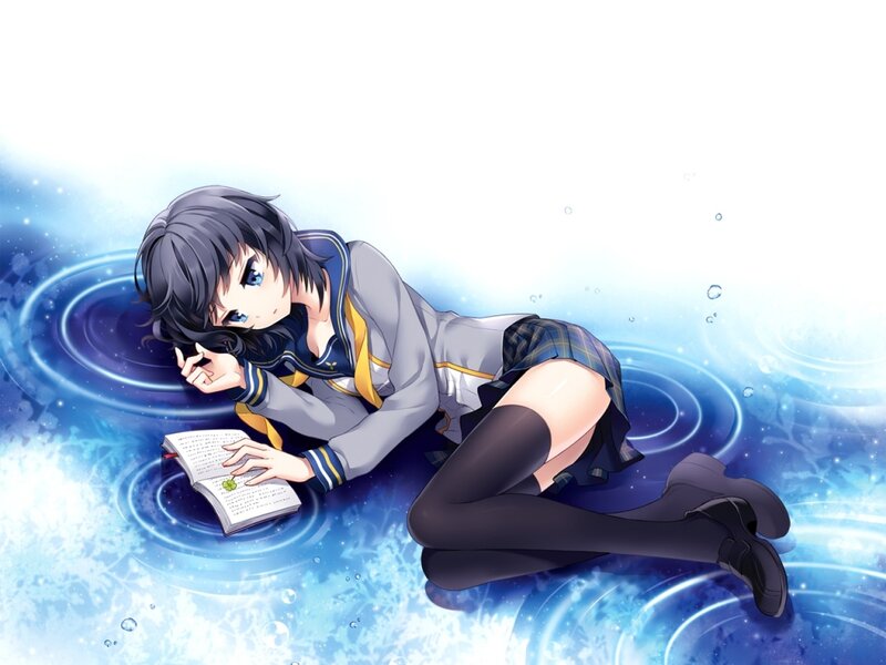 Anime Girl Reading Book — Blue, Serene, Digital Art, School Uniform