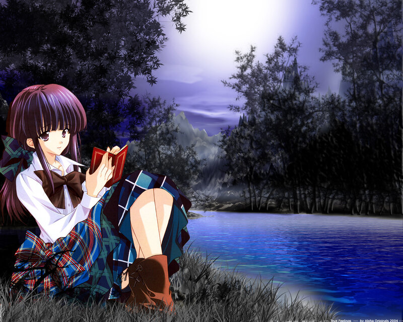 Anime Girl Reading Book — Blue, Serene, Night