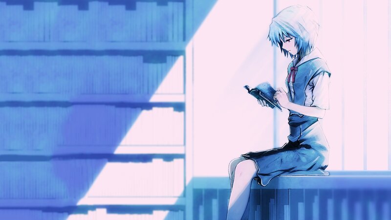 Anime Girl Reading Book — Blue, Serene, Shelf