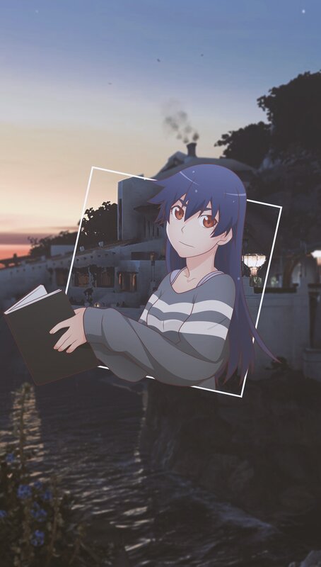 Anime Girl Reading Book — Blue, Serene, Sunset, Building