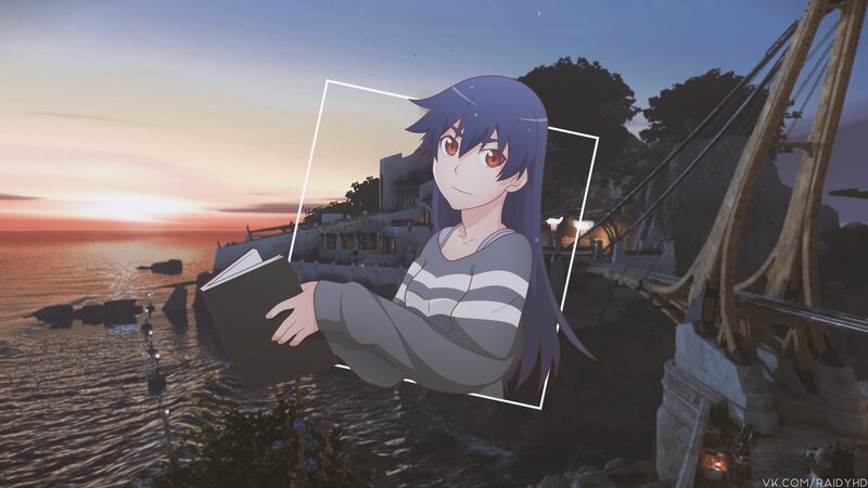 Anime Girl Reading Book — Blue, Serene, Sunset