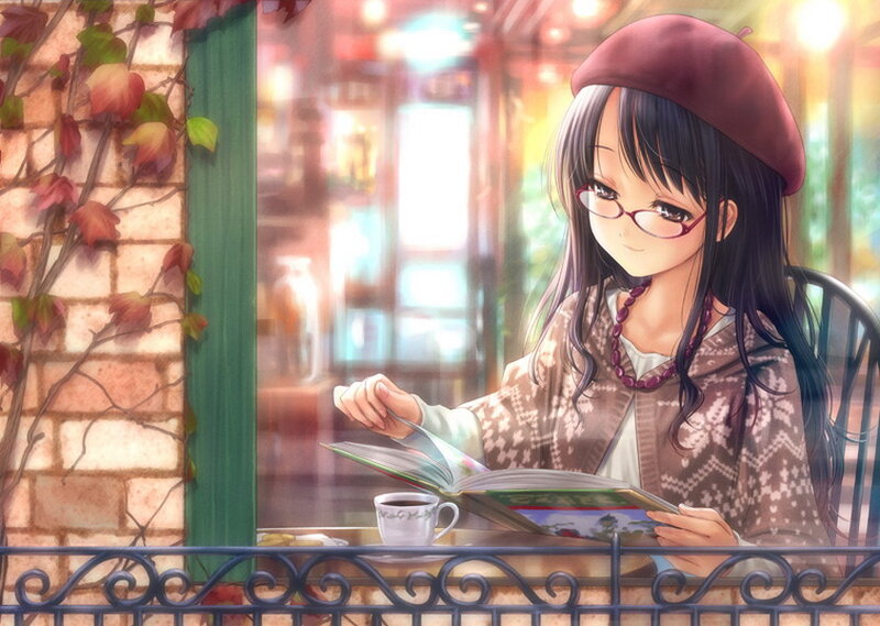 Anime Girl Reading Book — Brown, Calm, Afternoon, Coffee Cup