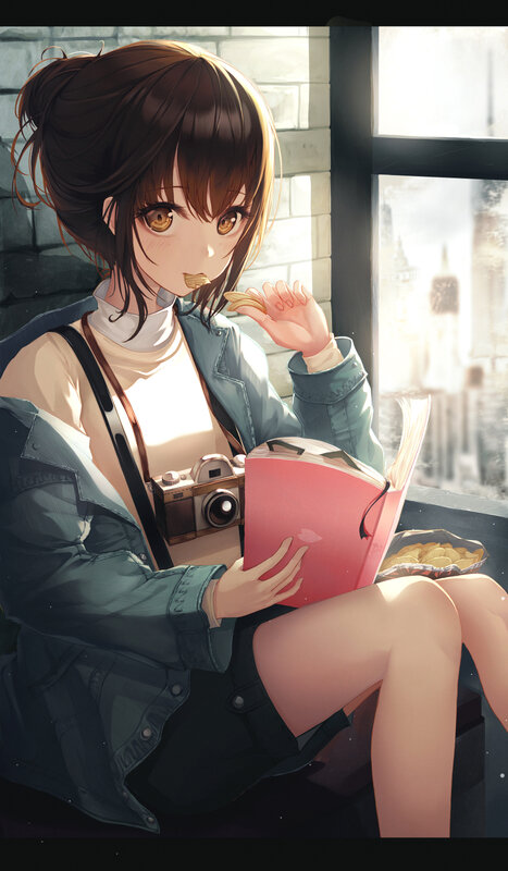 Anime Girl Reading Book — Brown, Calm, Afternoon, Digital Art, Camera