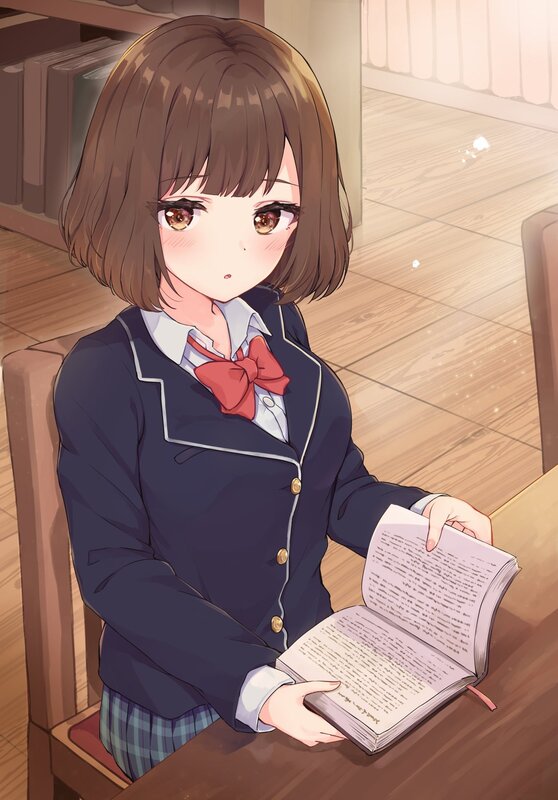 Anime Girl Reading Book — Brown, Calm, Afternoon, School Uniform