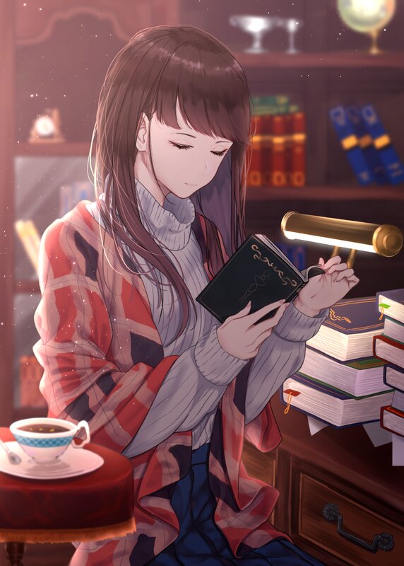 Anime Girl Reading Book — Brown, Calm, Night, Digital Art, Lamp