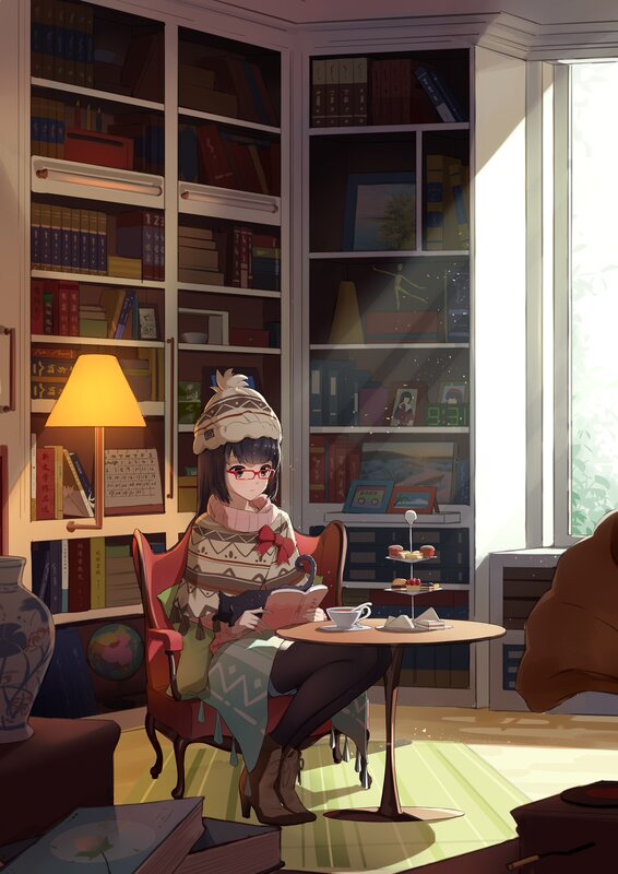 Anime Girl Reading Book — Brown, Cozy, Afternoon, Digital Art