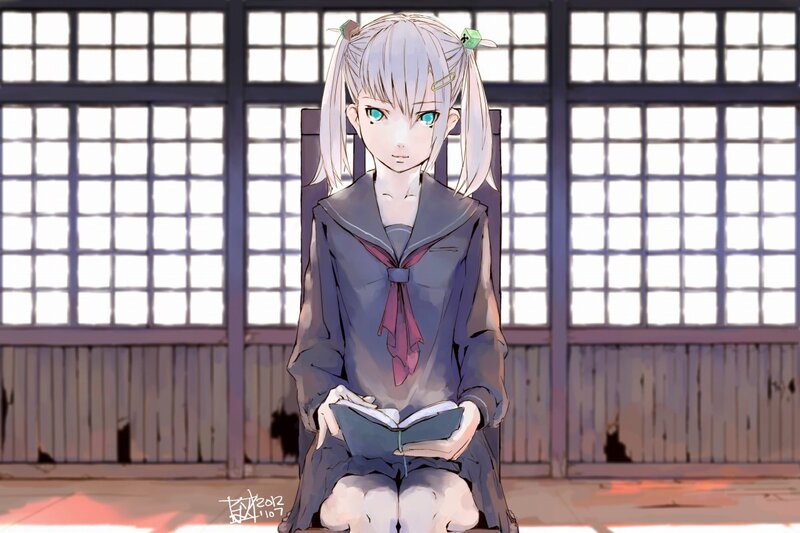 Anime Girl Reading Book — Gray, Calm, Digital Art, School Uniform