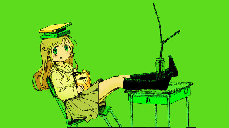Anime Girl Reading Book — Green, Calm, Manga, Books