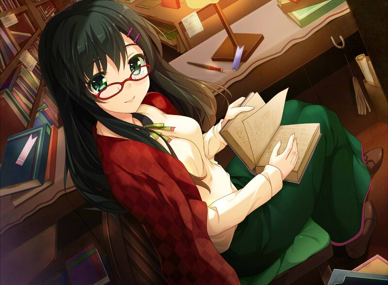 Anime Girl Reading Book — Green, Calm, Night, Glasses