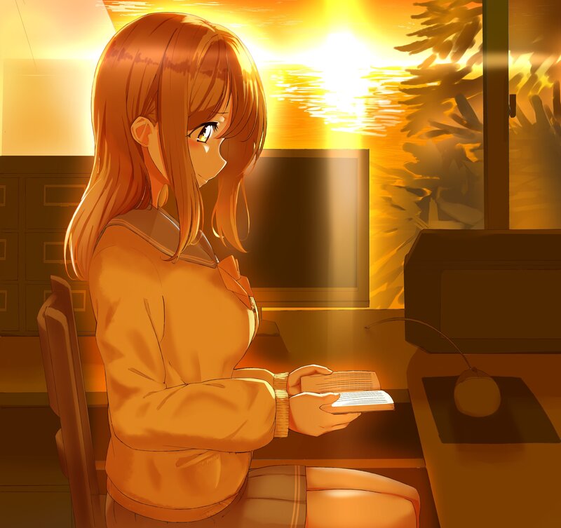 Anime Girl Reading Book — Orange, Serene