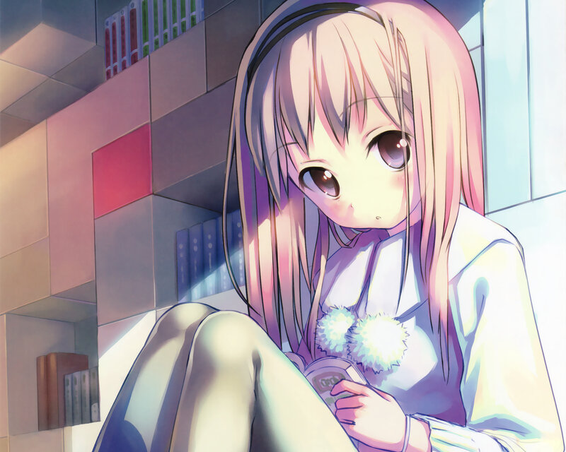 Anime Girl Reading Book — Pink, Calm, Shelf