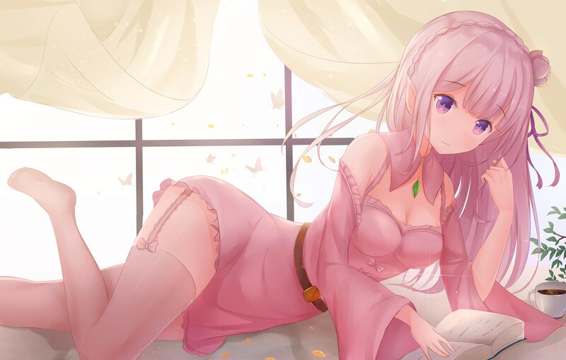 Anime Girl Reading Book — Pink, Serene, Morning, Digital Art