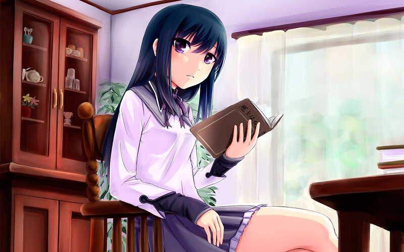 Anime Girl Reading Book — Purple, Calm, Afternoon, Cabinet