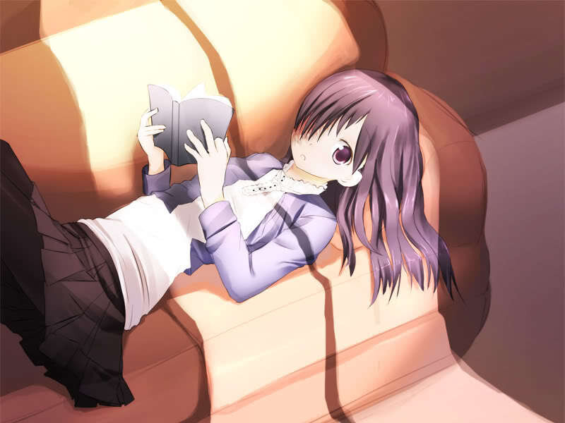 Anime Girl Reading Book — Purple, Calm, Afternoon, Couch