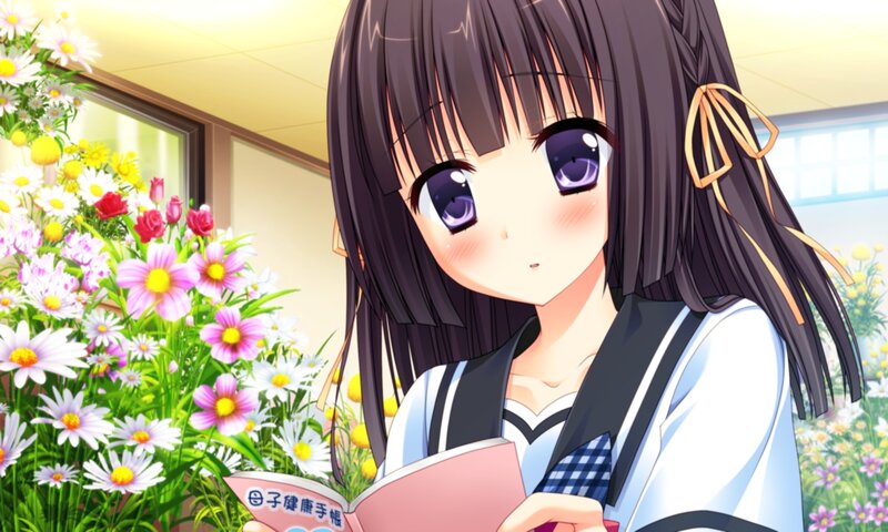 Anime Girl Reading Book — Purple, Calm, Afternoon, Flowers