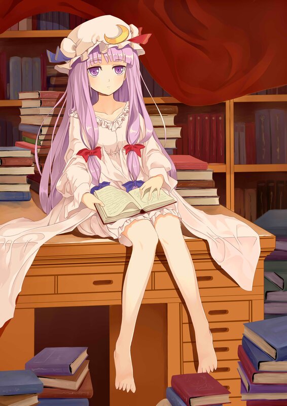 Anime Girl Reading Book — Purple, Calm, Bookshelf, Desk