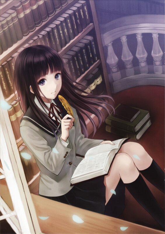 Anime Girl Reading Book — Purple, Calm, Bookshelf, Feather Quill