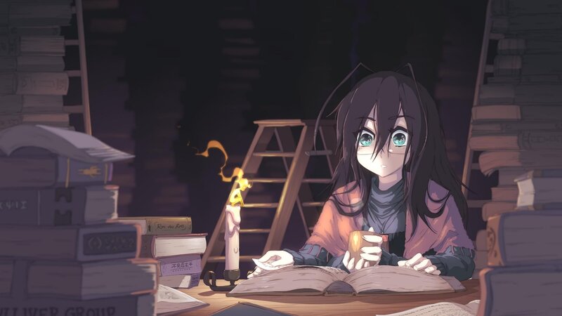 Anime Girl Reading Book — Purple, Calm, Night, Digital Art, Candle