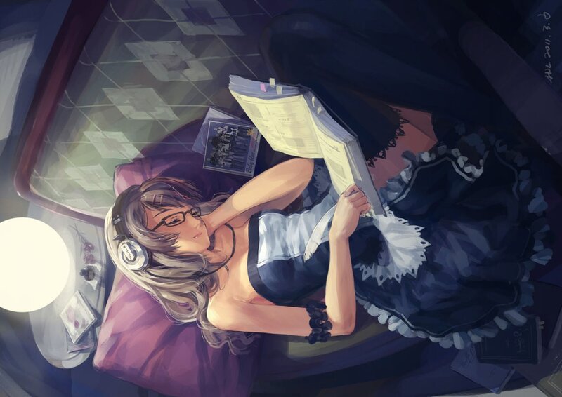 Anime Girl Reading Book — Purple, Calm, Night, Digital Art