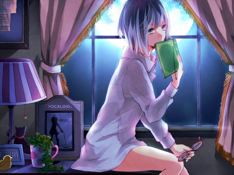 Anime Girl Reading Book — Purple, Calm, Night, Digital Art, Window