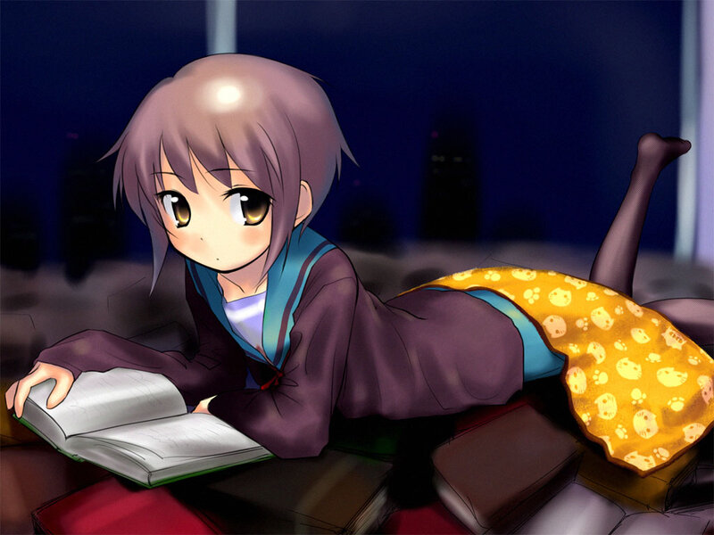Anime Girl Reading Book — Purple, Calm, Night, Pillow