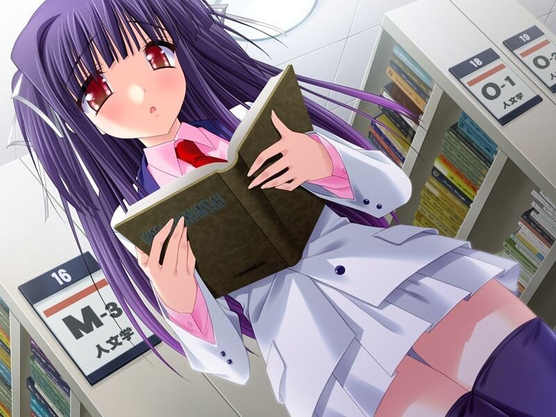 Anime Girl Reading Book — Purple, Calm, School Uniform, Library