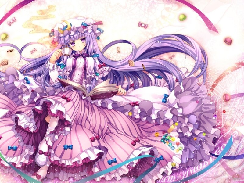 Anime Girl Reading Book — Purple, Dreamy, Digital Art, Tea Cup