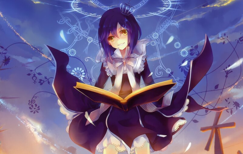 Anime Girl Reading Book — Purple, Magical, Sunset