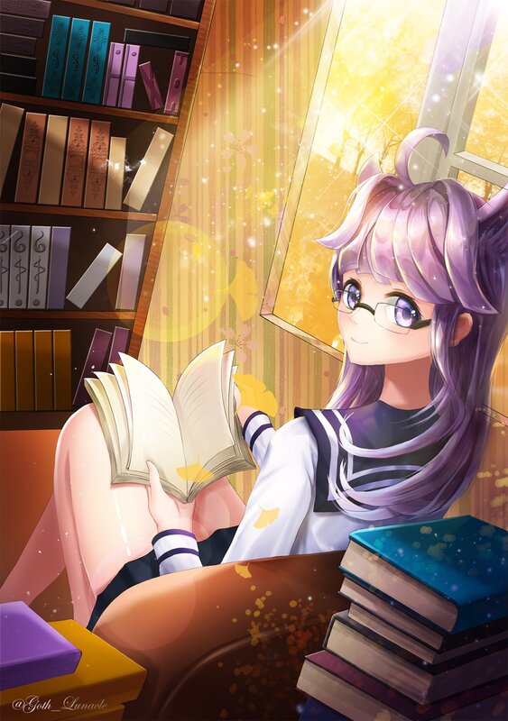 Anime Girl Reading Book — Purple, Serene, Afternoon, Digital Art, Bookshelf