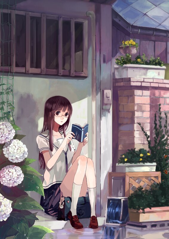 Anime Girl Reading Book — Purple, Serene, Afternoon, Digital Art