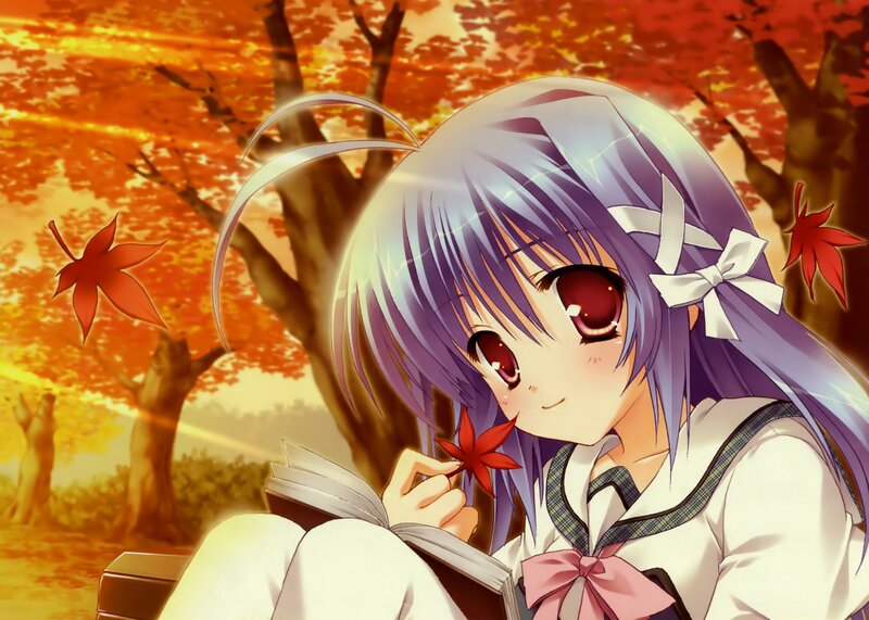 Anime Girl Reading Book — Purple, Serene, Autumn