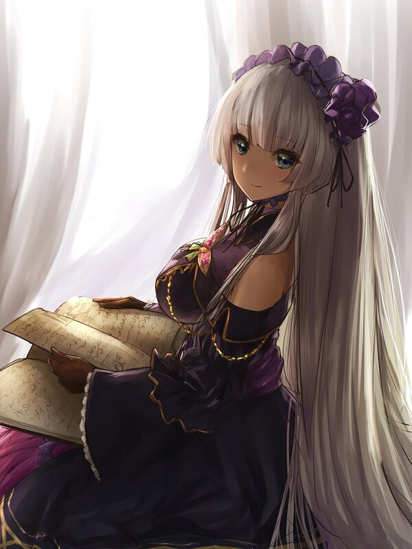 Anime Girl Reading Book — Purple, Serene, Morning, Digital Art, Dress