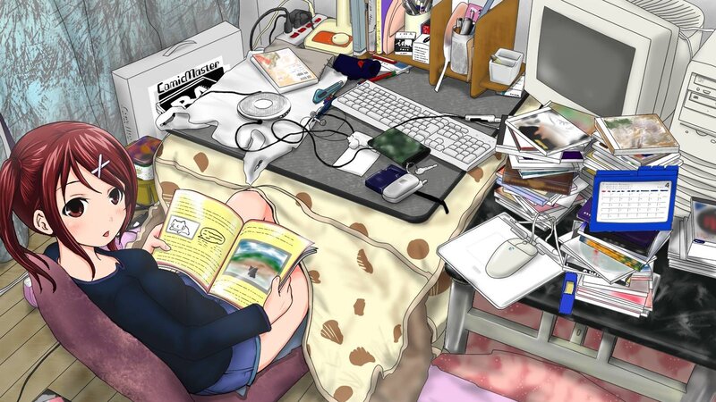 Anime Girl Reading Book — Red, Calm, Desk