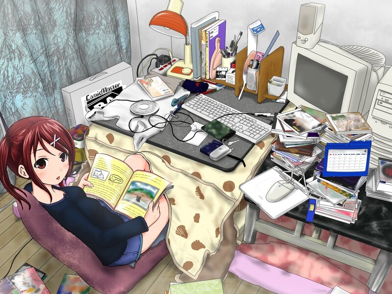 Anime Girl Reading Book — Red, Calm