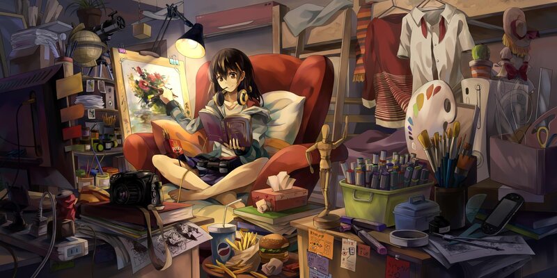 Anime Girl Reading Book — Red, Cozy