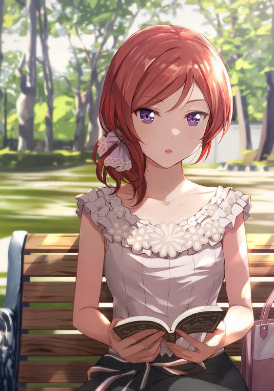 Anime Girl Reading Book — Red, Serene, Afternoon, Digital Art