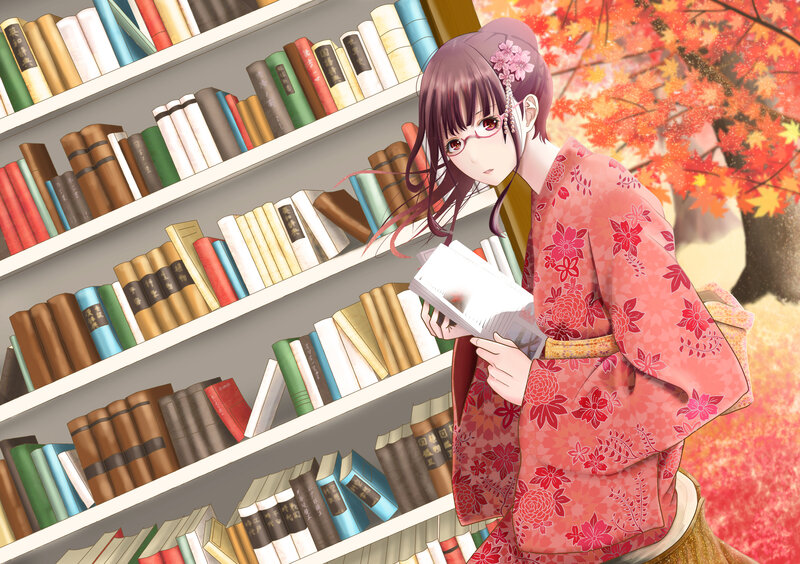 Anime Girl Reading Book — Red, Serene