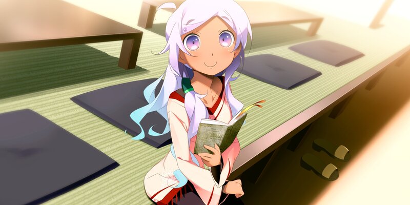 Anime Girl Reading Book — White, Calm, Afternoon, Kimono