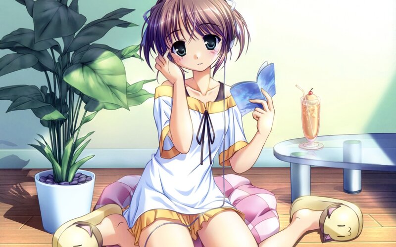 Anime Girl Reading Book — White, Calm, Afternoon, Plant, Drink