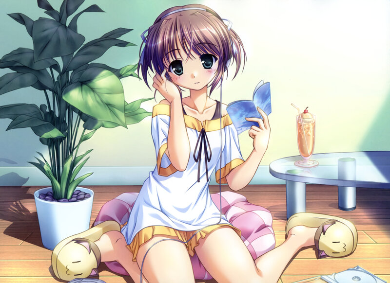 Anime Girl Reading Book — White, Calm, Afternoon, Plant