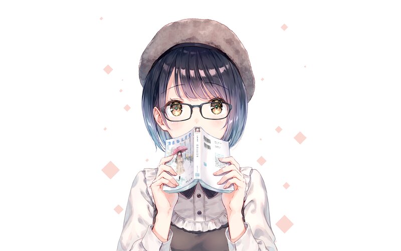 Anime Girl Reading Book — White, Calm, Digital Art, Glasses