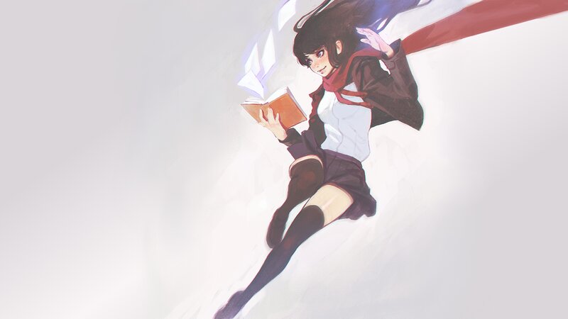 Anime Girl Reading Book — White, Calm, Digital Art, Scarf