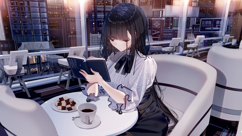 Anime Girl Reading Book — White, Calm, Night, Digital Art, Coffee Cup