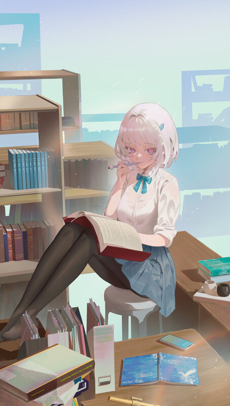 Anime Girl Reading Book — White, Serene, Afternoon, Digital Art, Bookshelf