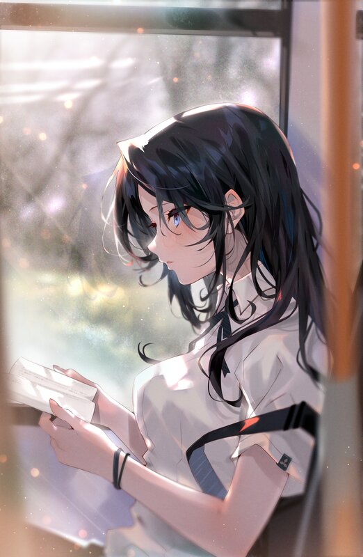 Anime Girl Reading Book — White, Serene, Afternoon, Digital Art, Window, School Uniform