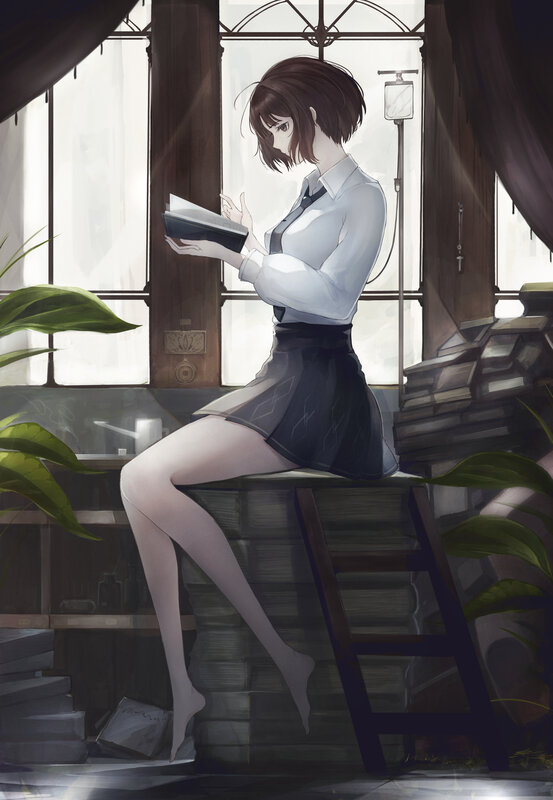 Anime Girl Reading Book — White, Serene, Afternoon, Digital Art, Window