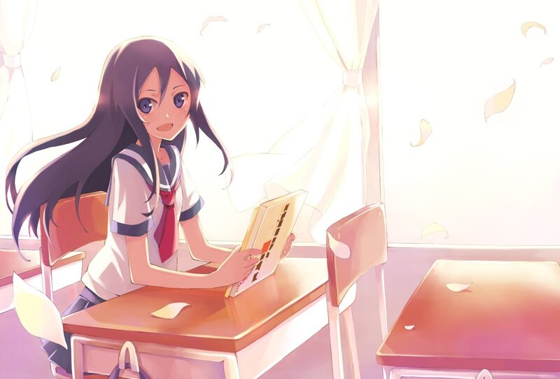 Anime Girl Reading Book — White, Serene, Afternoon, School Desk