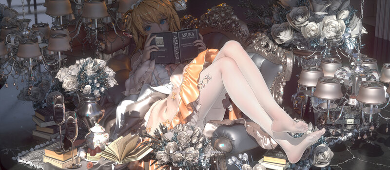 Anime Girl Reading Book — White, Serene, Digital Art, Flowers